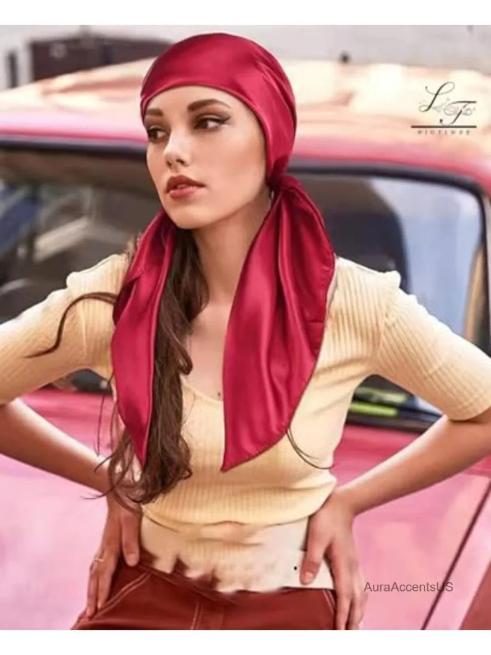Satin Square Scarf Solid Color Emulation Silk Handkerchief Hair Ribbon Headband